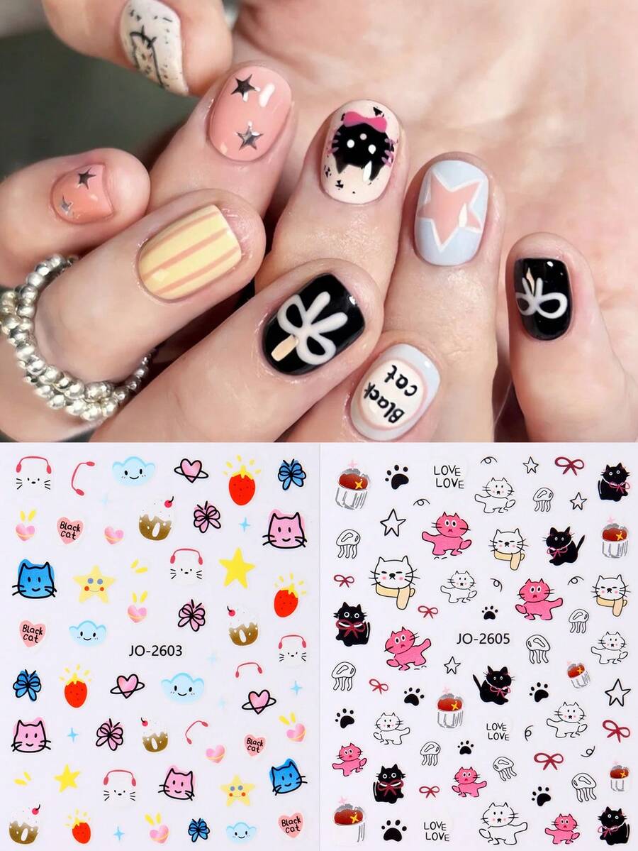 FULL BEAUTY 2入組卡哇伊黑白塗鴉貓狗多彩蝴蝶結指甲貼紙，卡通可愛的休閒動物腳印草莓星雲指甲貼花設計自粘滑動式美甲貼紙DIY迷人裝飾指甲用品女孩禮物