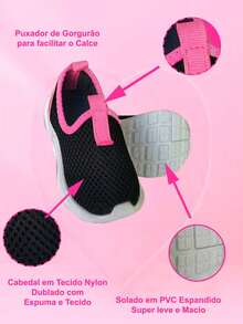 Tênis Infantil Menina Calce Fácil Preto/Pink Escolar Leve Confortável Versátil