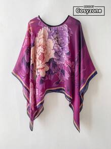1 chiếc khăn choàng/khăn quàng cổ bằng vải chiffon mỏng nhẹ in họa tiết hoa dành cho nữ, kiểu dáng rộng rãi, thích hợp dùng hàng ngày khi đi biển. - Màu đỏ tím - Xem 1