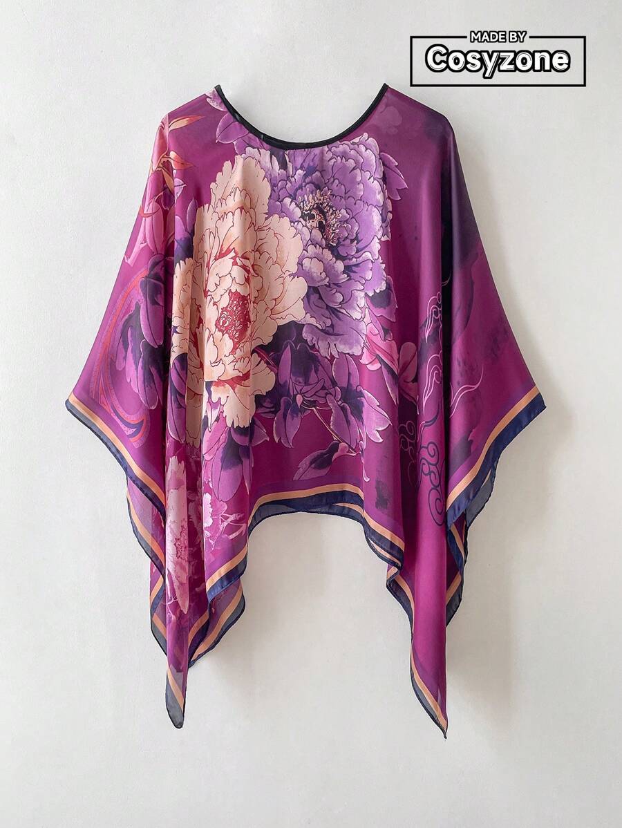 1 chiếc khăn choàng/khăn quàng cổ bằng vải chiffon mỏng nhẹ in họa tiết hoa dành cho nữ, kiểu dáng rộng rãi, thích hợp dùng hàng ngày khi đi biển. - Màu đỏ tím - Xem 1