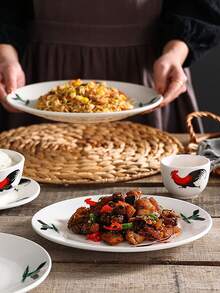 1入復古中國風雞紋盤，圓形陶瓷雞紋碟，適用於餐廳、家庭用餐，適用於早餐、牛排、意大利面、甜點，節日派對餐具 - 彩色 - 查看 6