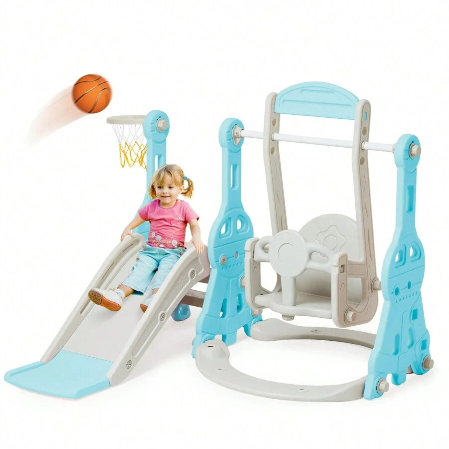 Toddler Slide And Swing Set 4 In 1 Baby Slide Climber Playse With Swing Slide Climber And Basketball Kids Slide And Swing Set Indoor Outdoor Backyard Baby Playground Toy For Toddlers (Blue) - Màu xanh lam - Xem 1