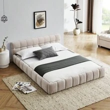 YOGLAD Queen Size Upholstered Bed Frame With Thick Fabric, Chenille Fabric Grounded Queen Size Platform Bed With Headboard And Solid Frame. No Box Spring Needed - 米色 - 查看 3