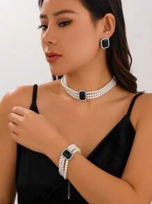 4入組華麗時尚多層珍珠串珠項鏈套裝，配珍珠手鐲、寶石耳環，優雅迷人的女性婚禮、節日禮物珠寶套裝 - 白色 - 查看 1