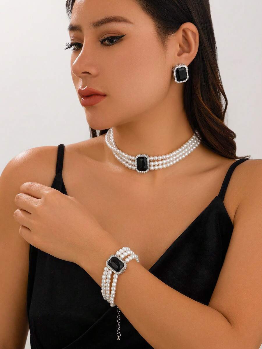4入組華麗時尚多層珍珠串珠項鏈套裝，配珍珠手鐲、寶石耳環，優雅迷人的女性婚禮、節日禮物珠寶套裝 - 白色 - 查看 1