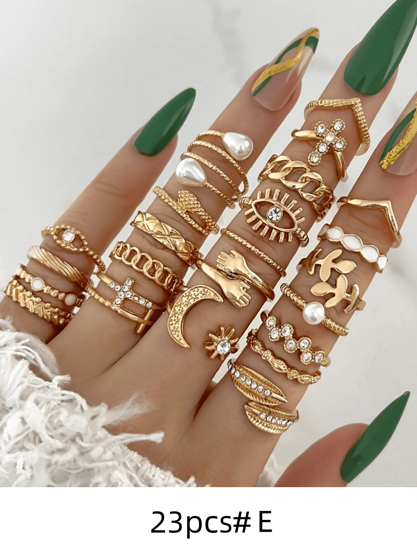 23入組時尚戒指套裝，新款金色和銀色樣式包含葉子、月亮、眼睛、蛇設計、滴油、鑽石、開口戒指套裝適合青少年女孩，禮物