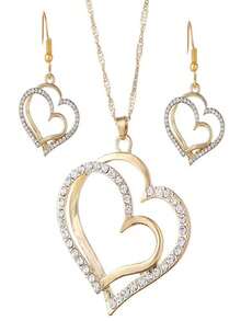 1 set de joyería de moda que incluye 1 par de aretes, 1 collar y 1 brazalete, con un diseño brillante en forma de corazón, color dorado y pedrería personalizable. Un regalo de joyería para mujeres que incluye un Set de pedrería en forma de corazón - Juego de joyas de amor de 4 piezas. - Ver 3