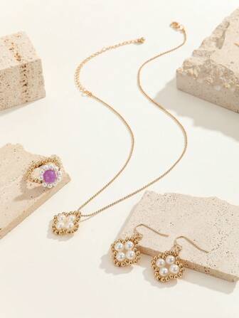 4pcs/Set Faux Pearl Clover Shaped Necklace Earrings Ring Set For Women Fashion Daily Decor Jewelry