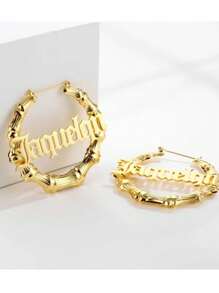 Personalized 70mm Bamboo Hoop Earrings Stainless Steel Gold Name Earrings Jewelry, Y2K Aesthetic - Gold - View 7