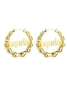Personalized 70mm Bamboo Hoop Earrings Stainless Steel Gold Name Earrings Jewelry, Y2K Aesthetic - Gold - View 8