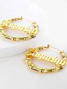 Personalized 70mm Bamboo Hoop Earrings Stainless Steel Gold Name Earrings Jewelry, Y2K Aesthetic - Gold - View 5