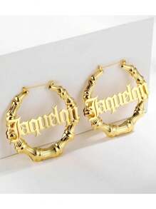 Personalized 70mm Bamboo Hoop Earrings Stainless Steel Gold Name Earrings Jewelry, Y2K Aesthetic - Gold - View 6