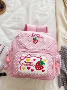 Mochila escolar bordada con fresa y encaje - Rosa - Ver 3