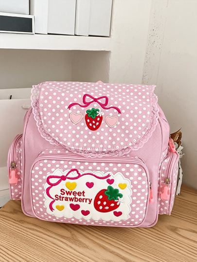 Embroidered Strawberry Lace Student Backpack