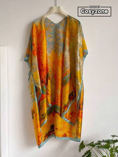 1 pieza Pañuelo largo de seda sintética estampada con abertura, adecuado para uso diario de mujeres, protección solar y cubierta de verano