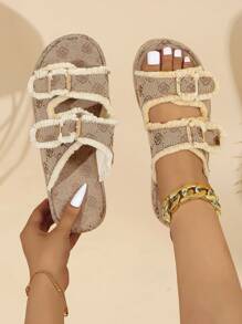 Zapatillas de moda con suela gruesa y punta redonda para mujeres, con flores, punta abierta y altura aumentada - Marrón - Ver 8