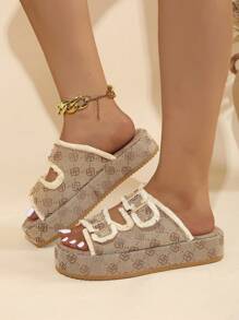 Zapatillas de moda con suela gruesa y punta redonda para mujeres, con flores, punta abierta y altura aumentada - Marrón - Ver 5