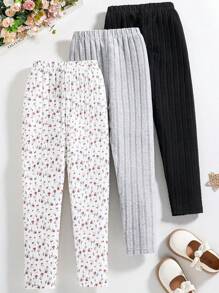 Tween Girl Floral Patterned And Solid Color Leggings 3-Pack - Multicolor - View 2