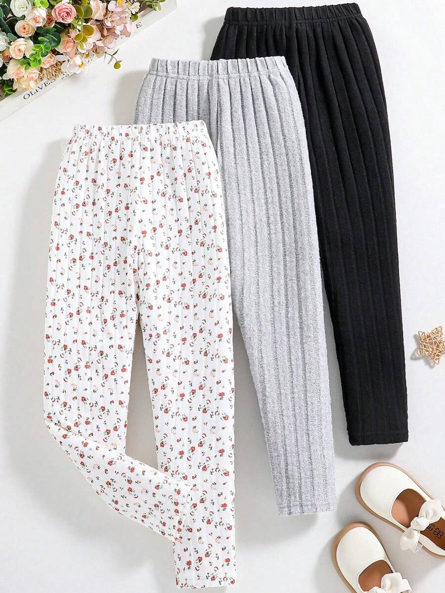 Tween Girl Floral Patterned And Solid Color Leggings 3-Pack - Multicolor - View 1