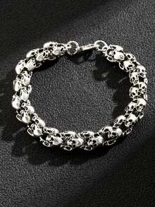 1pc Gothic Punk Style Vintage Silver Skull Head Bracelet For Halloween - Antique Silver - View 1