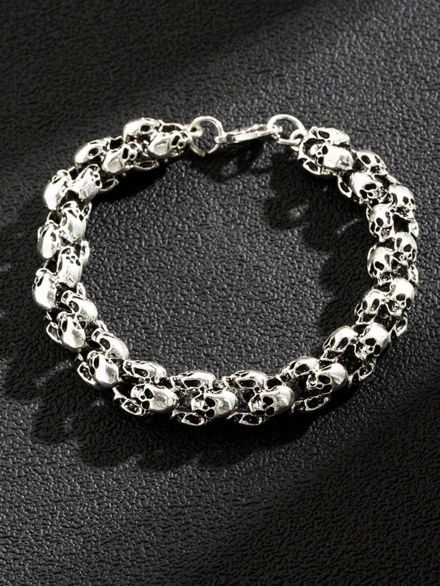 1pc Gothic Punk Style Vintage Silver Skull Head Bracelet For Halloween - Antique Silver - View 1