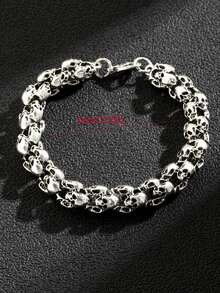 1pc Gothic Punk Style Vintage Silver Skull Head Bracelet For Halloween - Antique Silver - View 4