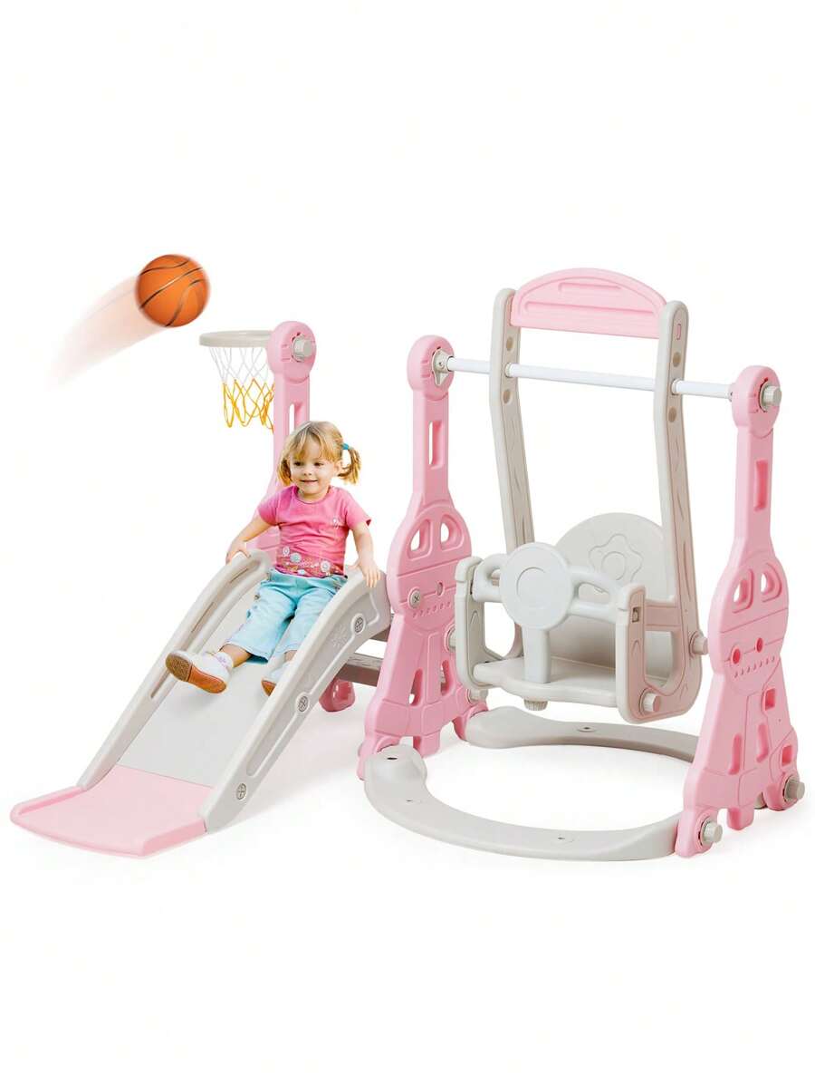 Toddler Slide And Swing Set 4 In 1 Baby Slide Climber Playse With Swing Slide Climber And Basketball Kids Slide And Swing Set Indoor Outdoor Backyard Baby Playground Toy For Toddlers (Blue) - Hồng - Xem 1