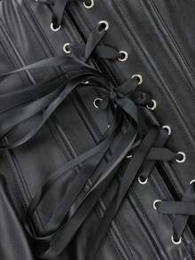 Sexy Black Pu Leather Strapless Top For Women, Fashionable Party Wear, Zipper Front Closure, Back Lace-Up, Bodycon Streetwear - Black - View 4