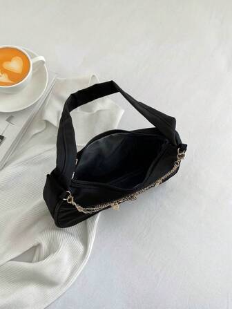 1 件时尚黑色尼龙防水单肩包，经典蝴蝶金属肩带百搭小众设计女士腋下包，日常使用购物手提包和手机壳