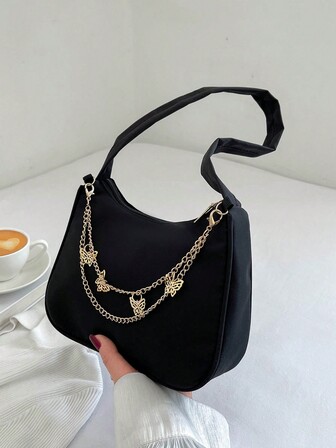 1pc Fashion Black Nylon Waterproof Shoulder Bag, Classic Butterfly Metal Strap Versatile Niche Design Ladies Underarm Bag, Daily Use Shopping Tote & Phone Case