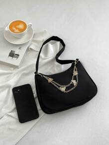 1pc Fashion Black Nylon Waterproof Shoulder Bag, Classic Butterfly Metal Strap Versatile Niche Design Ladies Underarm Bag, Daily Use Shopping Tote & Phone Case - Black - View 5
