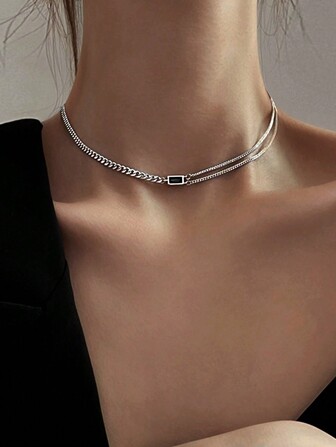 925 Silver Vintage Black Zirconia Square Design Asymmetrical Necklace For Women, Fashion Necklaces
