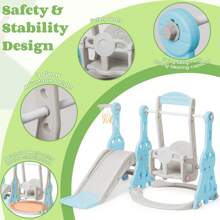 Toddler Slide And Swing Set 4 In 1 Baby Slide Climber Playse With Swing Slide Climber And Basketball Kids Slide And Swing Set Indoor Outdoor Backyard Baby Playground Toy For Toddlers (Blue) - Màu xanh lam - Xem 8