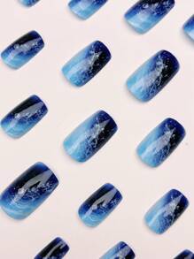 24 pièces Faux ongles brillants de longueur moyenne, décorés de dégradé cyan et de taches blanches, design d'art pour ongles bleu océan à clipser