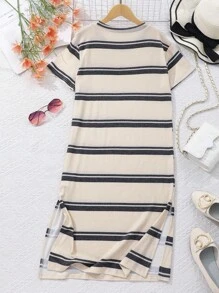 Summer Round Neck Short Sleeve Striped Casual T-Shirt Dress For Tween Girls