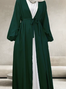 1set Women's Satin Plain Color Elegant Long Robe With Waist Belt, Suitable For Daily Gatherings (Abaya) - Multicolor - View 14
