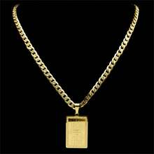 泰國經文佛教牌匾蓮花吊墜項鍊，男女不拘，不銹鋼金色方形嘻哈鍊 - 項鍊 - 查看 2