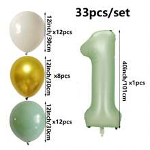 Globo verde oliva número 1 de 40 pulgadas y conjunto de 12 globos de metal verde hierba, dorado y crema, perfectos para la decoración de la fiesta del primer cumpleaños, 33 piezas/set - Multicolor - Ver 2