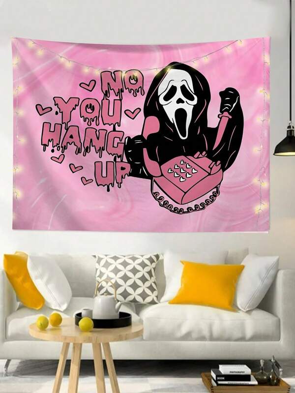 1 pieza Tapiz con estampado de calavera interesante, de fibra de poliéster moderno cuadrado colgante de pared para decoración de habitación/sala de estar/dormitorio, bandera para habitación, decoración de habitación, tapiz, arte de pared, artículos de habitación, banderas para habitación, decoración del hogar, tapiz, tapiz de pared, tapiz rosa