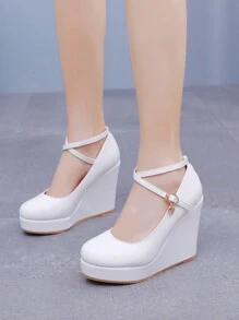 10cm White Round Toe Platform Ankle Strap Wedge Pumps High Heels, Fashionable Elegant Princess Wedding Bridal Shoes