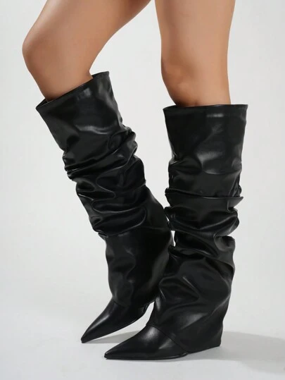 Fashionable Black Pleated Women's Knee-High Boots With Simple And Versatile Pointed Toe And Comfortable Slip-On Outdoor Wedge Heels