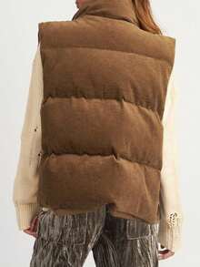 CILKOO 女式立領純色無袖寬鬆休閒羽絨背心 - 咖啡棕 - 查看 4