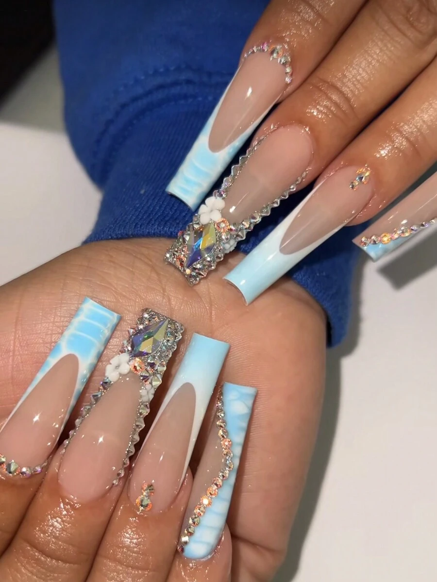 24入組最新款超長藍寶石加壓式棺材形假指甲尖，包括1個指甲文件和1個果凍膠，可用於節日、派對、生日、日常穿著 - 適用於女性和女孩 - 彩色 - 查看 1