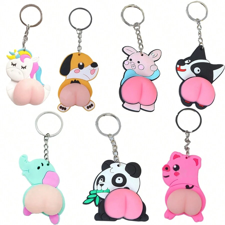 1PC Cute Cartoon Animal Butt Pinch Happy Key Chain Vent Ball Toy Decompress Butt Key Ring - Multicolor - View 1