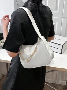 Bolso de hombro de nailon blanco impermeable, bolso versátil minimalista de diseño exquisito con cadena metálica de mariposa, práctico para el uso diario y las compras