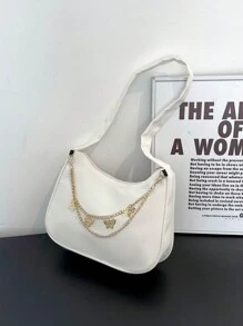 Bolso de hombro de nailon blanco impermeable, bolso versátil minimalista de diseño exquisito con cadena metálica de mariposa, práctico para el uso diario y las compras