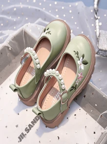 1對女童刺繡皮鞋，適合日常穿著和漢服表演 - 綠色 - 查看 2