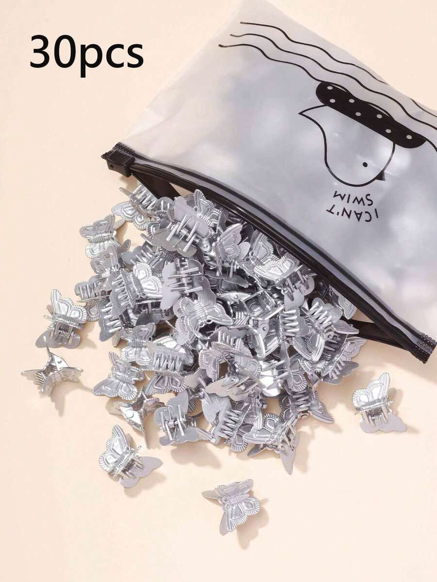 30pcs Silver Butterfly Shaped Hair Clips, With Loose Bangs, Small Hair Accessories - 30pcs - View 1
