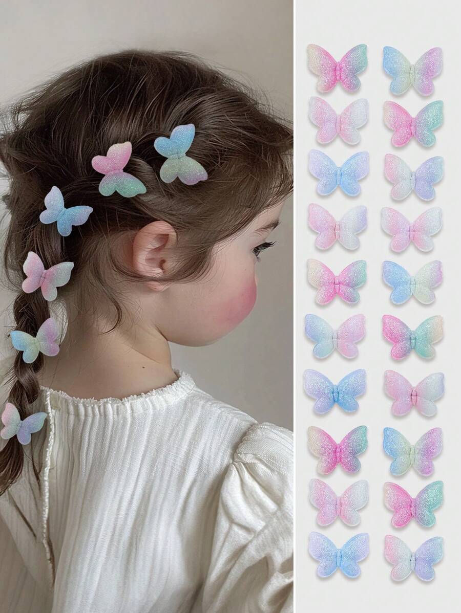 15 件/套彩色女孩可爱公主渐变蝴蝶双层网状翅膀发夹、发夹、刘海和侧饰发饰适合日常使用
