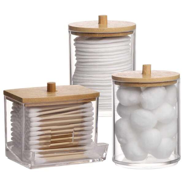 1/3 pièces Distributeur de coton-tige, ensemble de distributeur de porte-coton-tige 8/10/10 oz, porte-organisateur de rangement Boîte avec couvercle en bois pour des rondelles, sels de bain, éponges de maquillage, accessoires capillaires